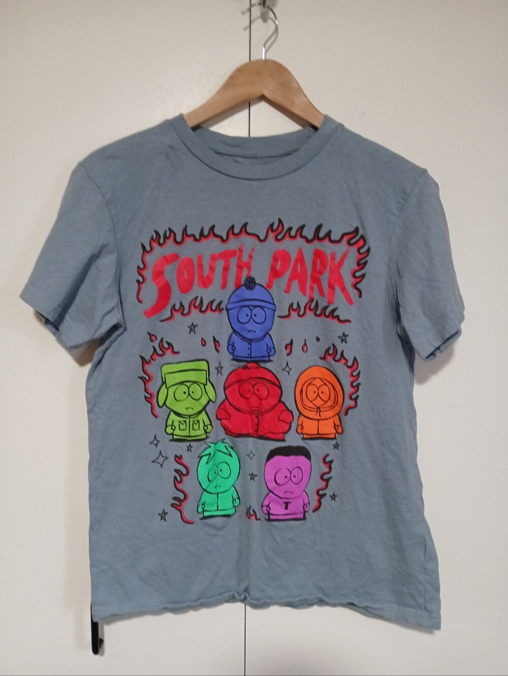 ​South Park Graphic Tee Muted Slate Blue Flame Character Shirt Men's Small